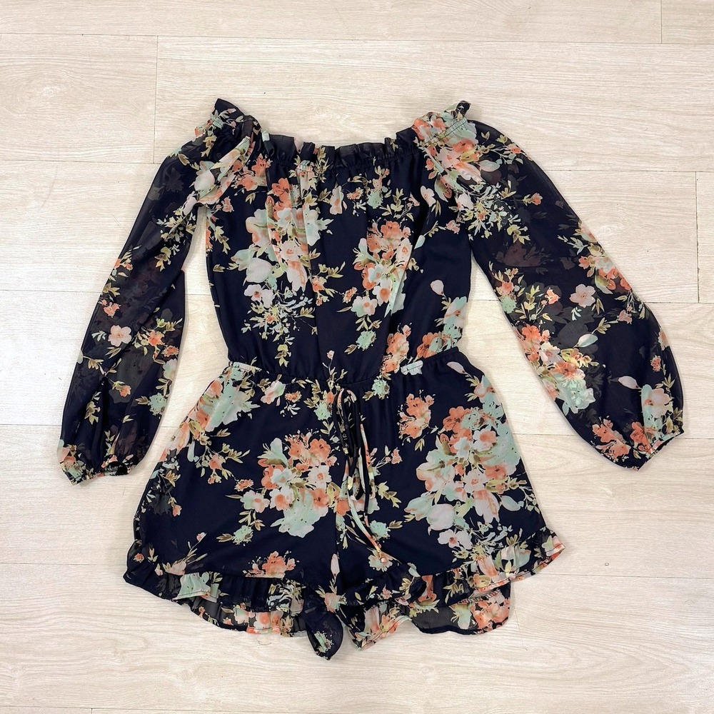 Lulus Floral Off The Shoulder Romper Navy Peach Mint Green Long Sleeve Size M